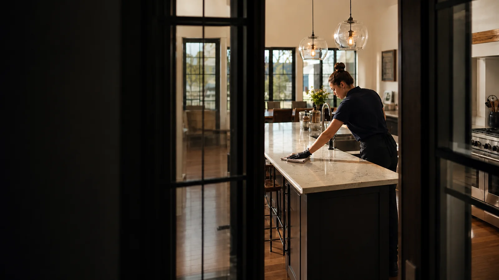 A professional cleaner wipes a kitchen island in a warmly lit home.